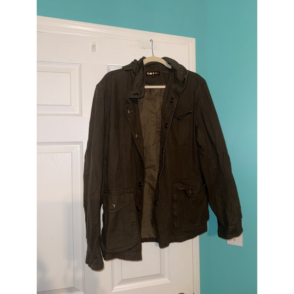 Twice Mens Hooded Field Jacket Olive Green Skull Graphic Studded Utility Coat L